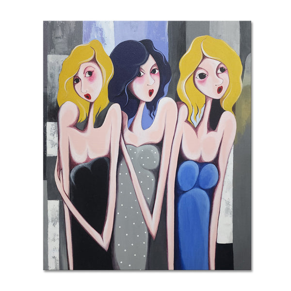 Tepid Divas - Quirky, Whimsical Painting Featuring Three Stylized Women At A Party, Size 100x120cm