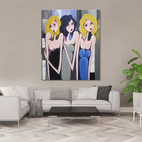 Tepid Divas - Quirky, Whimsical Painting Featuring Three Stylized Women At A Party, Size 100x120cm