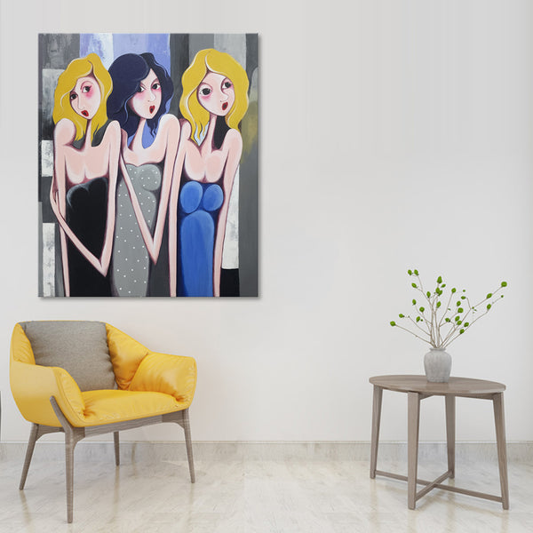 Tepid Divas - Quirky, Whimsical Painting Featuring Three Stylized Women At A Party, Size 100x120cm