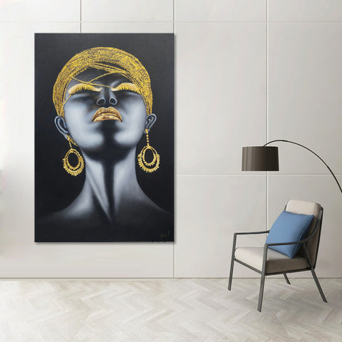 Gold Beauty - Intricately Detailed, Powerful Portrait of a Woman Adorned with Gold Accessories, Size 100x150cm