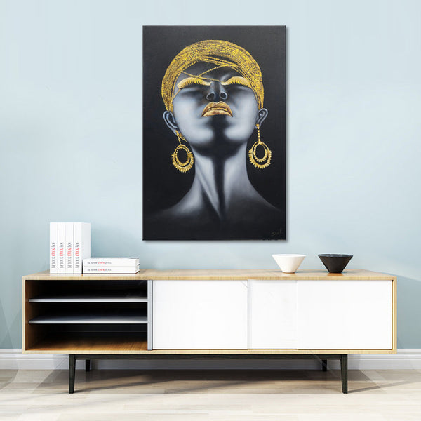 Gold Beauty - Intricately Detailed, Powerful Portrait of a Woman Adorned with Gold Accessories, Size 100x150cm