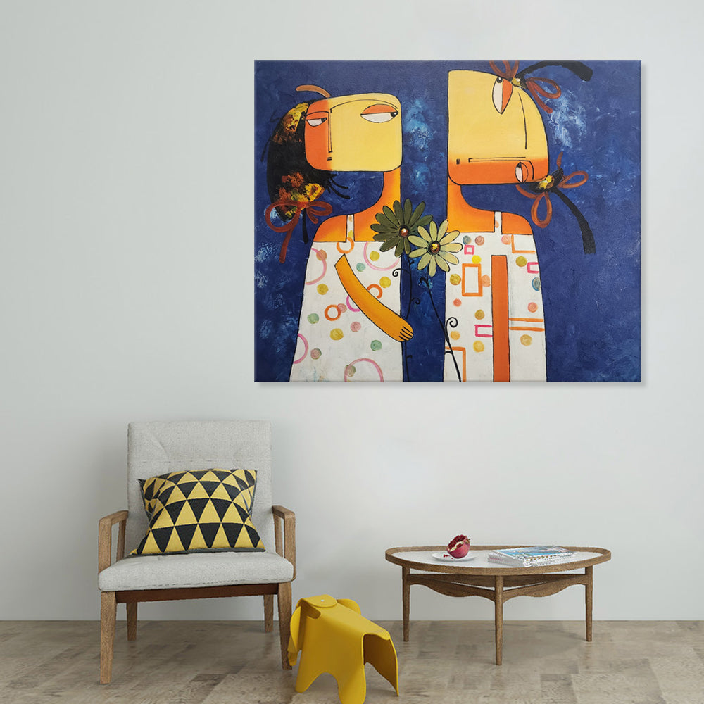 Quirky Friends - Whimsical Portrait of two Stylized Girls on a Bold Blue Backdrop, Size 100x120cm