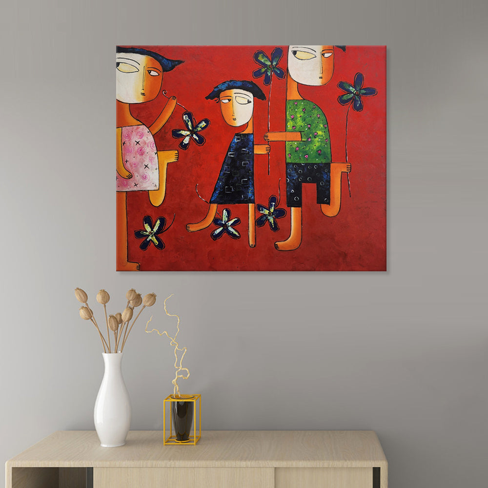 Quirky Kids - Striking, Whimsical Artwork Depicting Kids at Play on a  Bold Red Background, Size 100x120cm