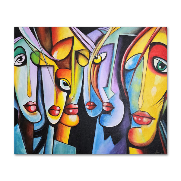 Shapes and Faces - Whimsical, Quirky Depiction of Stylized People's Faces in Bright, Bold Colours, Size 100x120cm