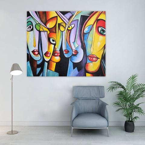 Shapes and Faces - Whimsical, Quirky Depiction of Stylized People's Faces in Bright, Bold Colours, Size 100x120cm