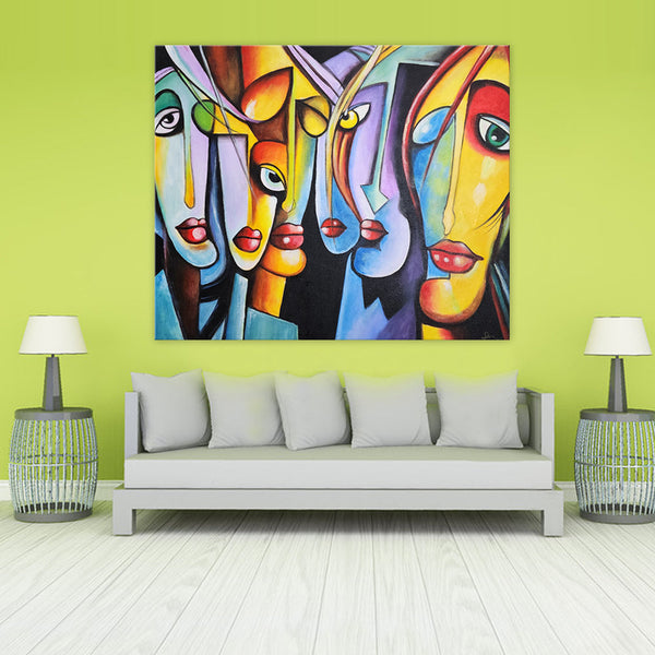 Shapes and Faces - Whimsical, Quirky Depiction of Stylized People's Faces in Bright, Bold Colours, Size 100x120cm