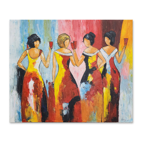 Drinking Dames - Beautiful, Colourful, Stylized Depiction of Four Women Enjoying a Glass of Red Wine, Size 100x120cm