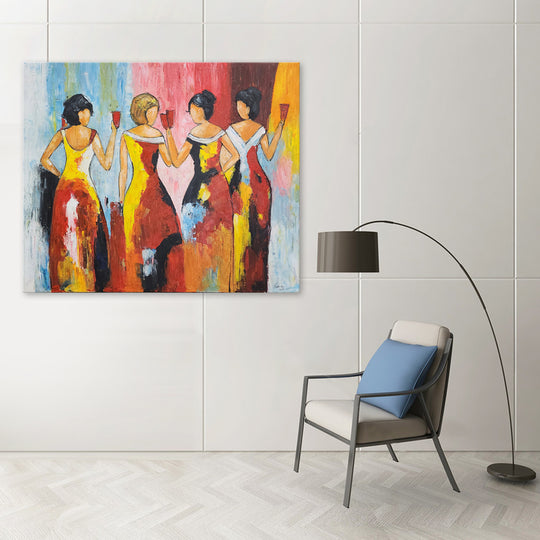 Drinking Dames - Beautiful, Colourful, Stylized Depiction of Four Women Enjoying a Glass of Red Wine, Size 100x120cm