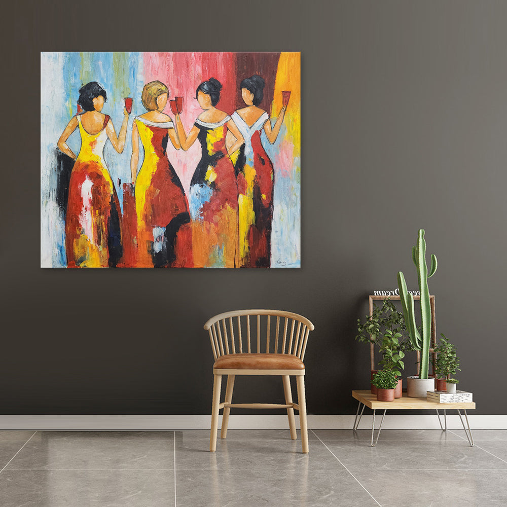 Drinking Dames - Beautiful, Colourful, Stylized Depiction of Four Women Enjoying a Glass of Red Wine, Size 100x120cm