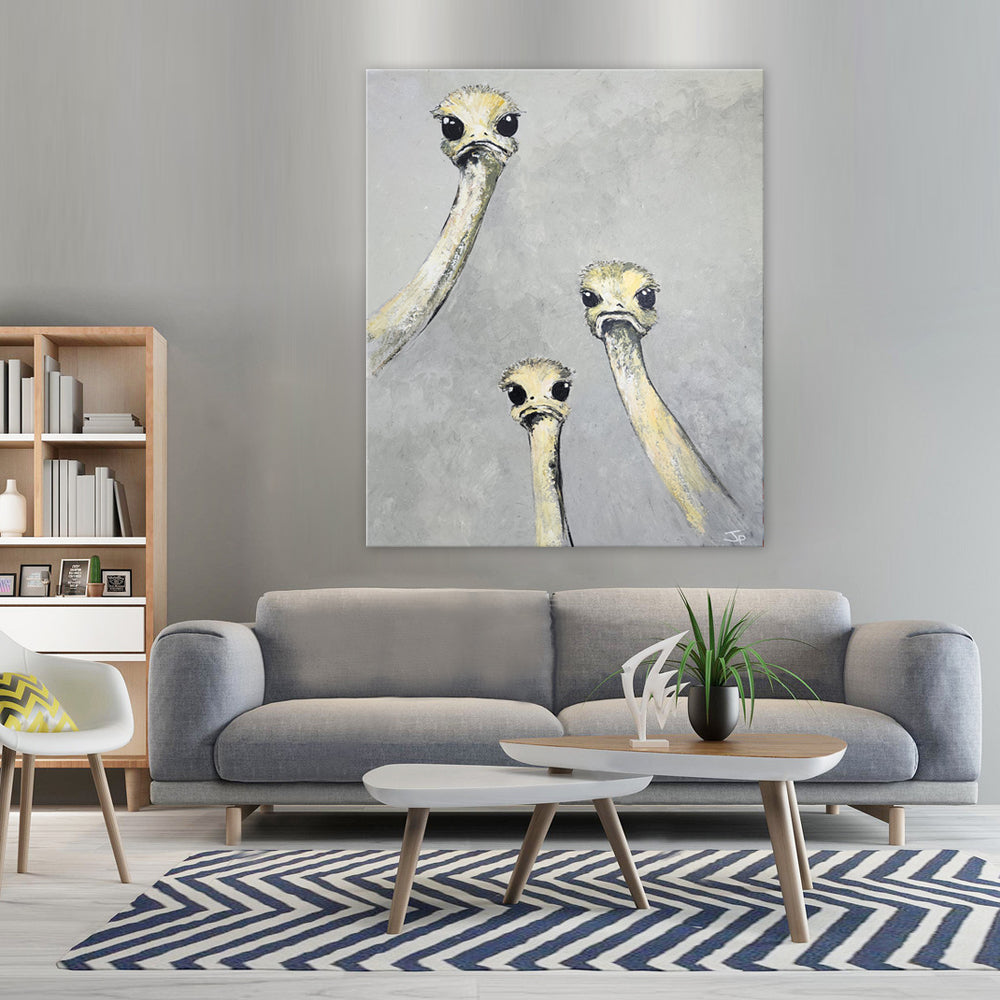 Three Curious Ostrich - Whimiscal Portrait of Three Ostrich Looking Attentively toward the Viewer, Size 100x120cm