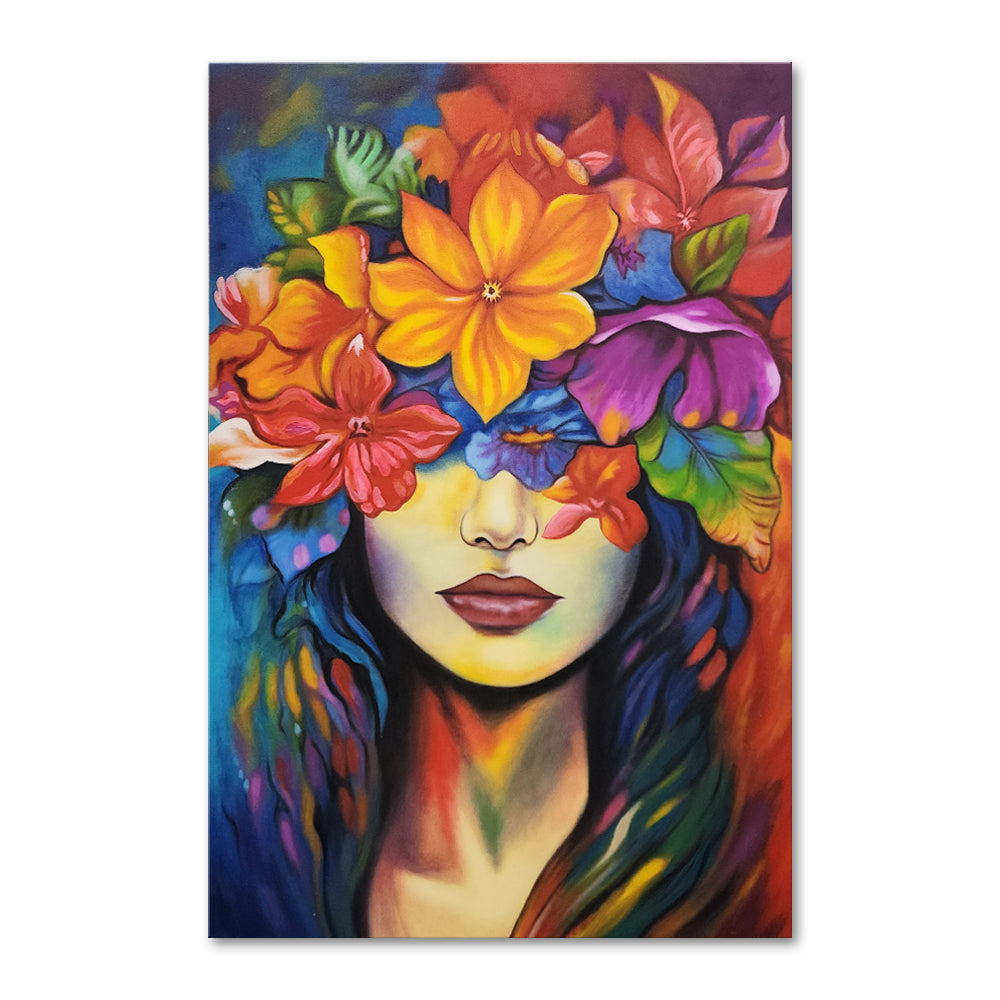 Beauty Amid Florals - Graceful, Highly Detailed Portrait of a Beautiful Young Woman With Face Adorned with Flowers, Size 100x150cm