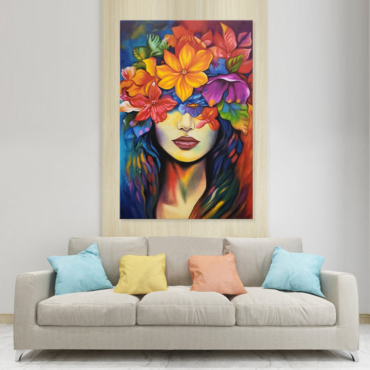 Beauty Amid Florals - Graceful, Highly Detailed Portrait of a Beautiful Young Woman With Face Adorned with Flowers, Size 100x150cm