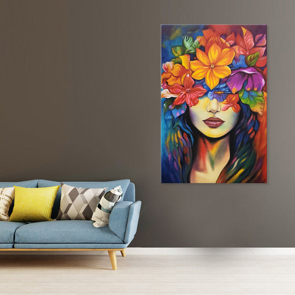 Beauty Amid Florals - Graceful, Highly Detailed Portrait of a Beautiful Young Woman With Face Adorned with Flowers, Size 100x150cm