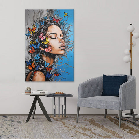 Butterfly Dreams - Beautiful, Highly Detailed Portrait of a Young Woman Surrounded by Butterflies, Stunning Feature Size 100x150cm