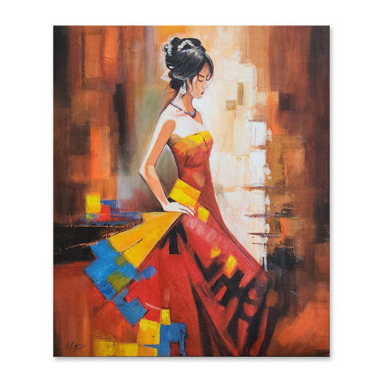 The Flamenco Dancer - Stunning Detailed Oil Painting Depicting a Beautiful Dancer in Red Dress, Suspended in Elegance Motion. Size 100x120cm