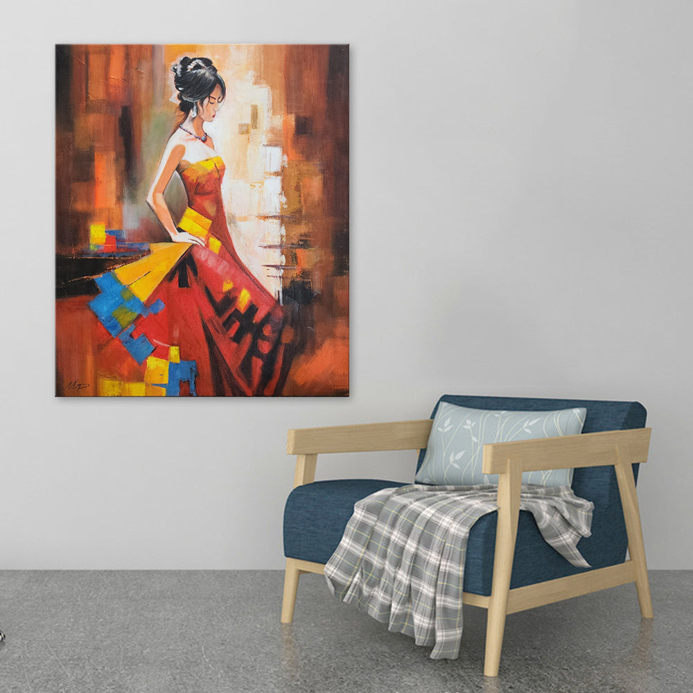 The Flamenco Dancer - Stunning Detailed Oil Painting Depicting a Beautiful Dancer in Red Dress, Suspended in Elegance Motion. Size 100x120cm