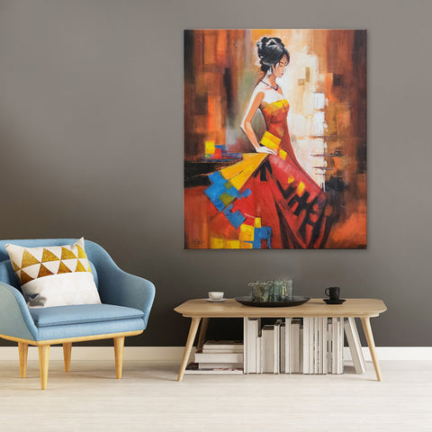 The Flamenco Dancer - Stunning Detailed Oil Painting Depicting a Beautiful Dancer in Red Dress, Suspended in Elegance Motion. Size 100x120cm