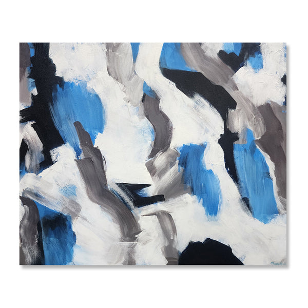 Emboldened Blue - Bold Modern Abstract Featuring Black, White and Blue Tones, Size 100x120cm