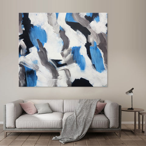 Emboldened Blue - Bold Modern Abstract Featuring Black, White and Blue Tones, Size 100x120cm