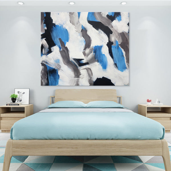 Emboldened Blue - Bold Modern Abstract Featuring Black, White and Blue Tones, Size 100x120cm