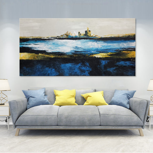 Deep Horizon - Bold Modern Abstract Featuring an Implied Cityscape in the Distance, overlooking a Vast Ocean. Size 100x200cm