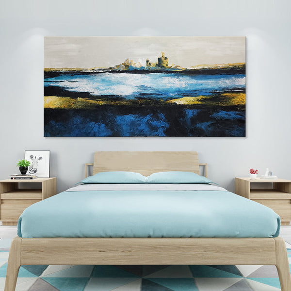 Deep Horizon - Bold Modern Abstract Featuring an Implied Cityscape in the Distance, overlooking a Vast Ocean. Size 100x200cm