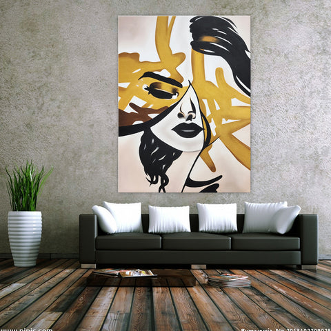 Gold Strokes - Portrait of A Beautiful Young Woman, Face Overlayed with Lines of Gold. Feature Size 90x120cm