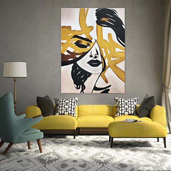 Gold Strokes - Portrait of A Beautiful Young Woman, Face Overlayed with Lines of Gold. Feature Size 90x120cm