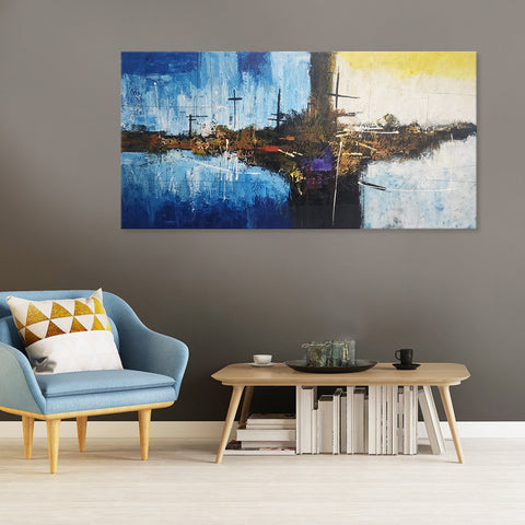 Between Yellow and Blue - Stunning Modern Abstract in Huge Feature Size 100x200cm Featuring Yellow and Blue Divided by Abstract Forms