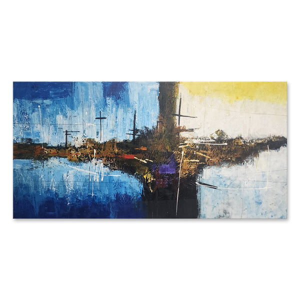 Between Yellow and Blue - Stunning Modern Abstract in Huge Feature Size 100x200cm Featuring Yellow and Blue Divided by Abstract Forms