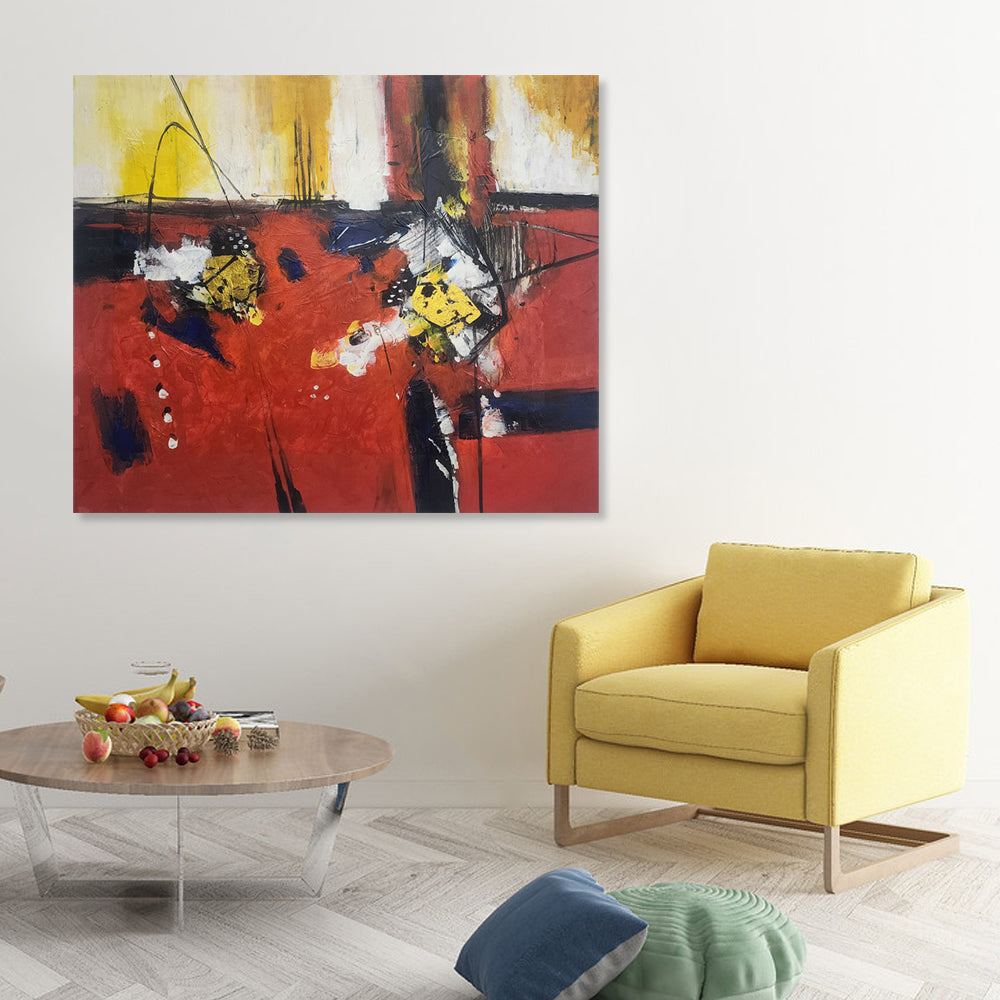 Emboldened by Red - Stunning, bold Modern Abstract Artwork featuring predominantly Red and Yellow Tones, Size 100x120cm