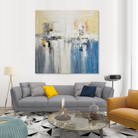 Neutrally Sublime - Gorgeous Modern Abstract with soft Yellow and Blue Tones, in Large Feature Size 120x120cm