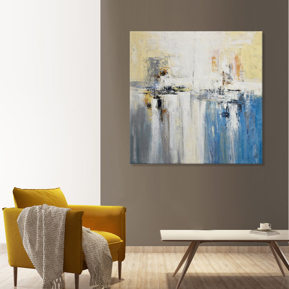 Neutrally Sublime - Gorgeous Modern Abstract with soft Yellow and Blue Tones, in Large Feature Size 120x120cm