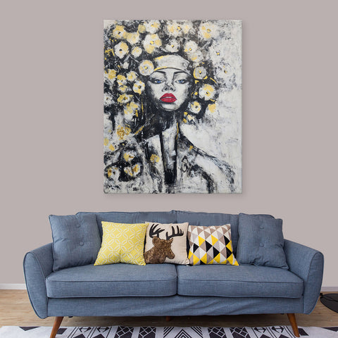 Portrait and Gold Petals - Gorgeous Large Scale Portrait of a Woman Adorned with Flowers, Embellished with Gold Leaf, Size 120x150cm