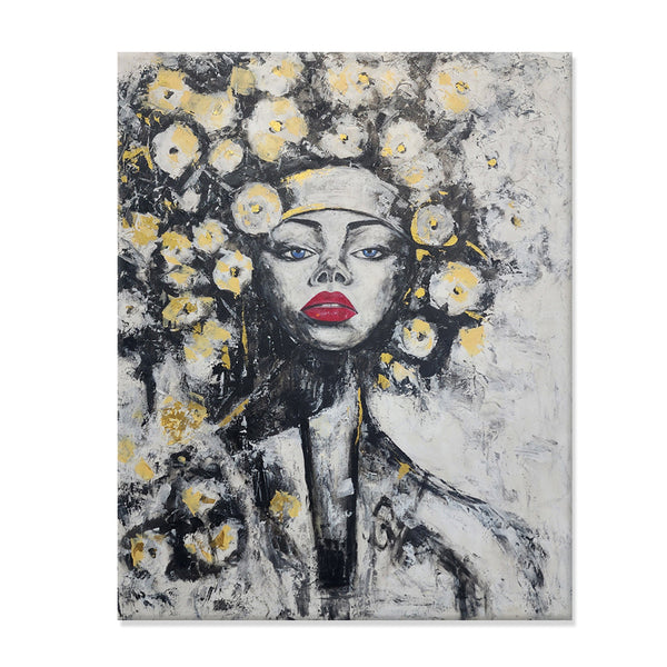 Portrait and Gold Petals - Gorgeous Large Scale Portrait of a Woman Adorned with Flowers, Embellished with Gold Leaf, Size 120x150cm