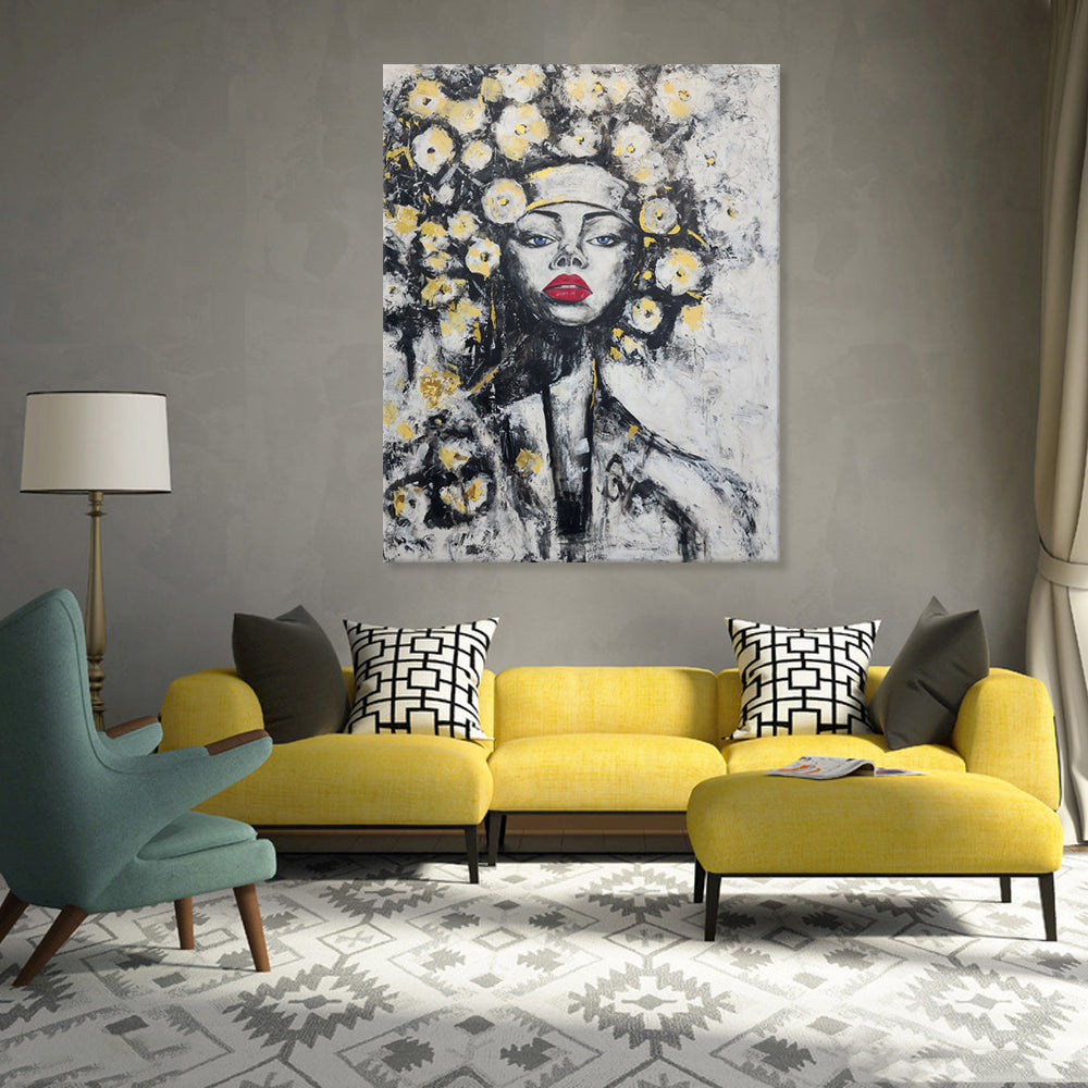 Portrait and Gold Petals - Gorgeous Large Scale Portrait of a Woman Adorned with Flowers, Embellished with Gold Leaf, Size 120x150cm