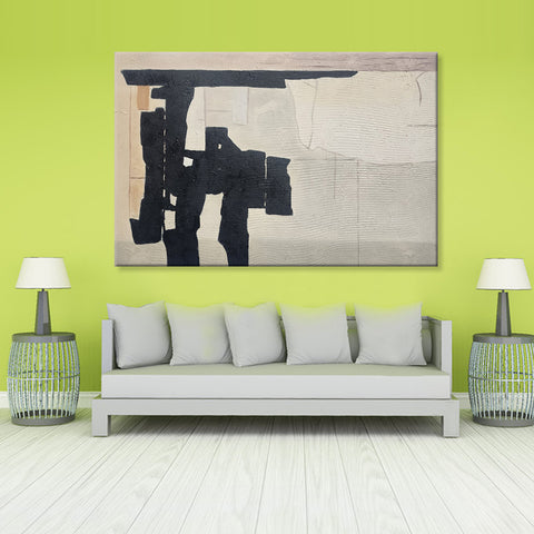 Muted and Black - Stunning Neutral Toned Modern Abstract Art Featuring Black Forms on a Neutral Background,  Size 60x90cm