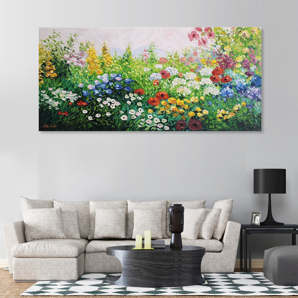 Floral Ecstacy - Stunning, Brightly Coloured, Thickly Palette Knife Painted Artwork Depicting Flowers in a Grass Field, Size 70x150cm