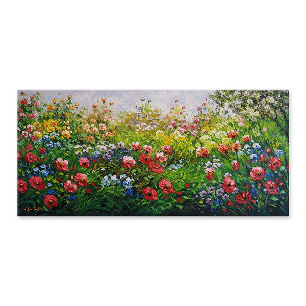 Flower Garden - Gorgeous Palette Knife Painting Depicting Thick, Textural Petals on  a Grassy Field, With Popping Colours, Size 70x150cm