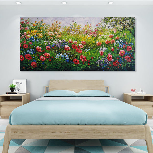 Flower Garden - Gorgeous Palette Knife Painting Depicting Thick, Textural Petals on  a Grassy Field, With Popping Colours, Size 70x150cm