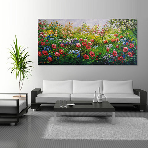 Flower Garden - Gorgeous Palette Knife Painting Depicting Thick, Textural Petals on  a Grassy Field, With Popping Colours, Size 70x150cm