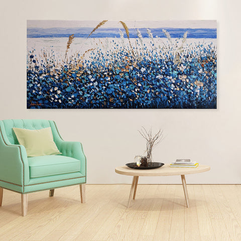 Blue Beach Grass - Stunning, Textural Palette Knife Oil Painting Depicting Grass on the Beach, Size 70x150cm