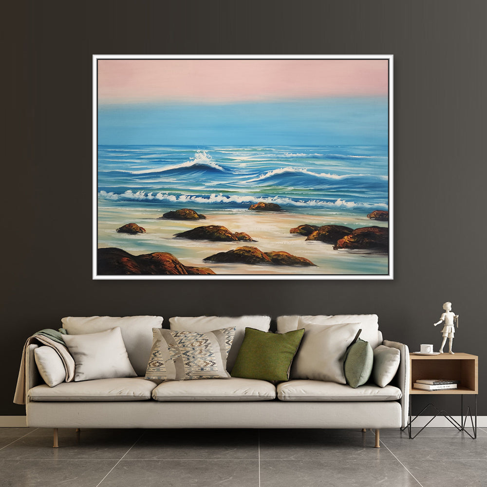 Beautiful Beach - Gorgeous Oil Painting of a Beach Finished with a White Frame, Size 90x120cm