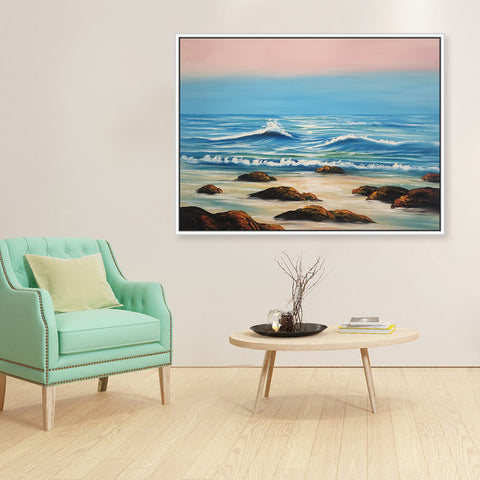 Beautiful Beach - Gorgeous Oil Painting of a Beach Finished with a White Frame, Size 90x120cm