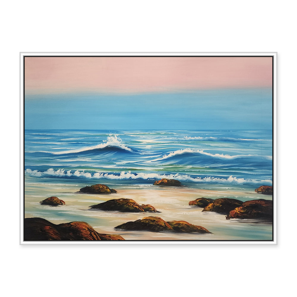 Beautiful Beach - Gorgeous Oil Painting of a Beach Finished with a White Frame, Size 90x120cm