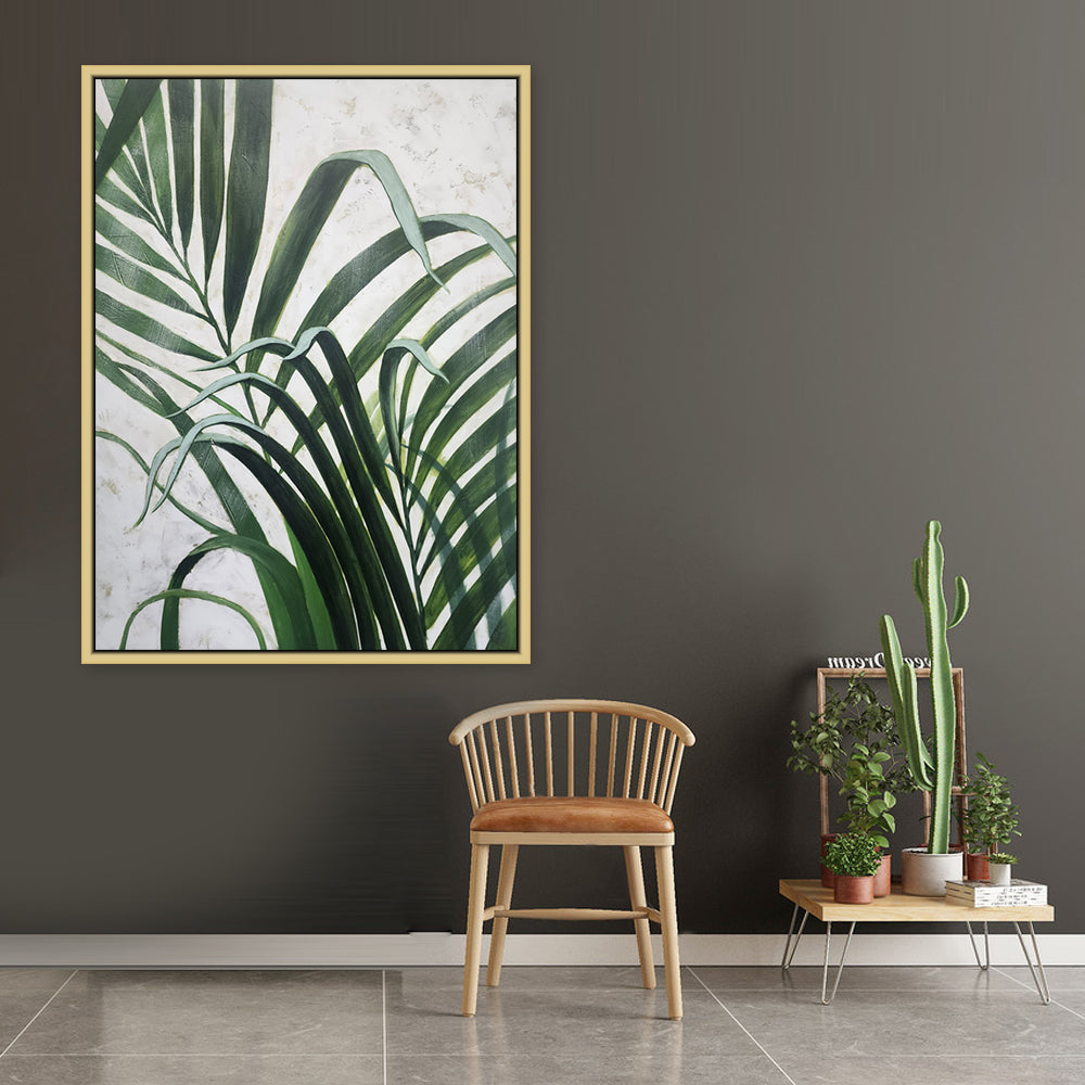 Glimpse of Exotic - Lovely Hand Painted Depiction of Tropical Green Leaves on a Neutral White Background, Finished with an Oak Frame, Size 90x120cm