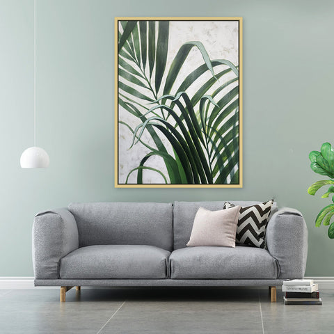 Glimpse of Exotic - Lovely Hand Painted Depiction of Tropical Green Leaves on a Neutral White Background, Finished with an Oak Frame, Size 90x120cm