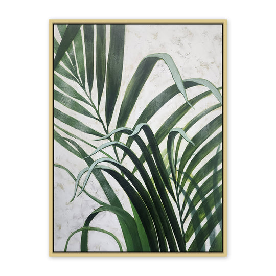 Glimpse of Exotic - Lovely Hand Painted Depiction of Tropical Green Leaves on a Neutral White Background, Finished with an Oak Frame, Size 90x120cm