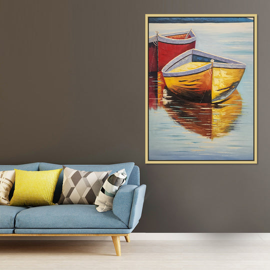 Two Boats - Stunning, Textural Palette Knife Painting of a Red and Yellow Boat in a Lake, finished with an Oak Coloured Shadow Frame - AC723-100x130