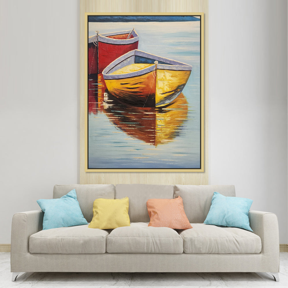 Two Boats - Stunning, Textural Palette Knife Painting of a Red and Yellow Boat in a Lake, finished with an Oak Coloured Shadow Frame - AC723-100x130